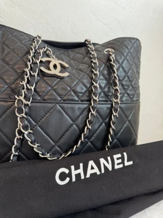 Vintage Chanel Quilted Black Leather Chain Tote Large Shoulder Bag Authentic - Picture 4 of 9